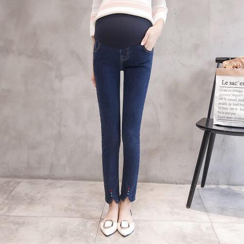 Split fork embroidered maternity pants maternity wear casual feet lift pants elastic stomach lift denim pants