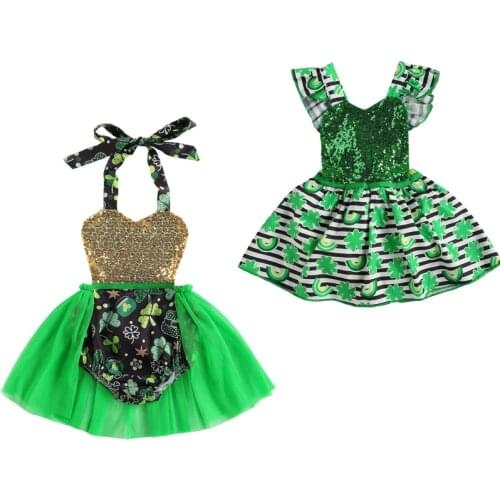 FOCUSNORM 0-24M Baby Girls Boys Romper Dress Four Leaf Clover Print Sequined Patchwork Lace Tutu Dress