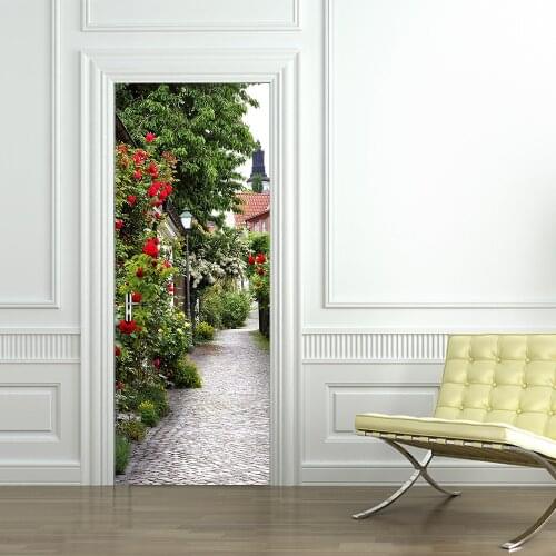 Home Creative DIY 3D Door Stickers Rose Town Pattern for Kids Room Door Home Decoration Accessories Large Size Wall Sticker