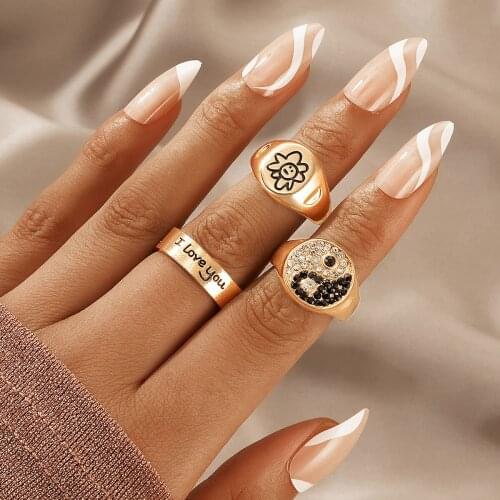 Docona 3pcs/set Luxury Crystal Stone Sun Flowers Rings for Women Men Tai Chi Letter I Love You Wedding Ring Set Jewelry Anillos