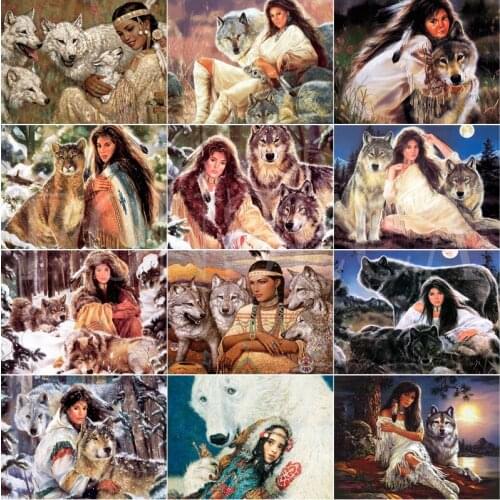 Figures Animals Diy Diamond Painting Beauty Lady with Wolf Full Square Drill Rhinestone Embroidery Cross Stitch Wall Art Poster