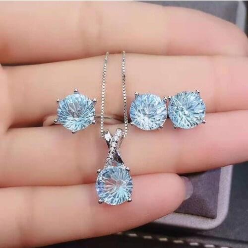 High-quality Blue Topaz S925 Silver Ring Pendant Necklace Earrings Set Charm Fine Fashion Jewelry For Women Free Shipping
