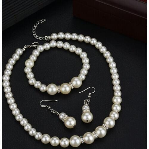 Crystal Luxurious Big Simulated Pearl Necklaces Bracelets Earrings For Women Bridal Wedding Jewelry Set Necklace Bangle Earrings
