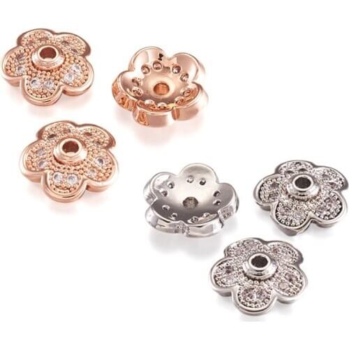 50pcs 9x9x3mm Brass Micro Pave Cubic Zirconia Bead Cap End Cap Gold/Platinum/Rose Gold Plated for Jewelry Making Hole: 1.5mm
