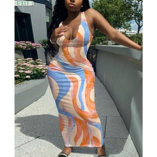 Summer Sleeveless V-Neck Printed Women Long Dress Sexy Party Bodycon Tank Dresses Female Vestidos Clubwear Sundress Robes