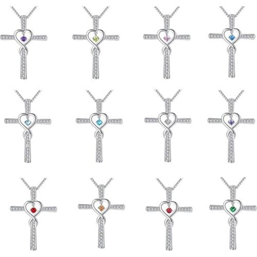 Fasion Infinity Love God We Trust Christian Cross Birthstone Rhinestone Pendant Necklace Birthday Gifts Jewelry