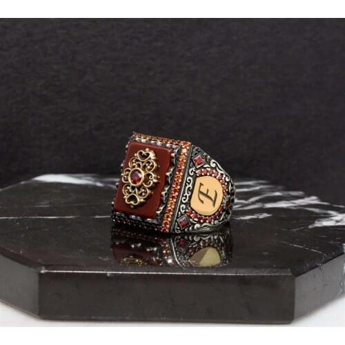 Red Agate Stone Rectangle Model Embroidered Letter 925 K Silver Men 'S Ring