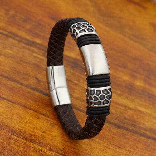 Men 12MM Wide Braided Retro Genuine Leather Bracelet Stainless steel Oblate European Bead Bracelets with Strong Magnet Clasp
