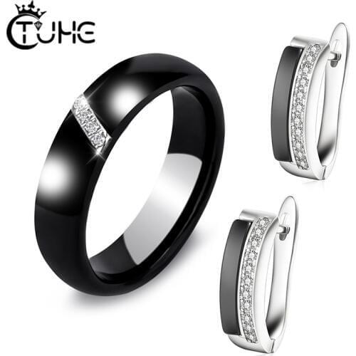 Healthy Ceramic Ring Jewlery Set For Women Elegant 6mm Rings Cute Earrings Rhinestone Smooth Material Party Fashion Jewelry Set