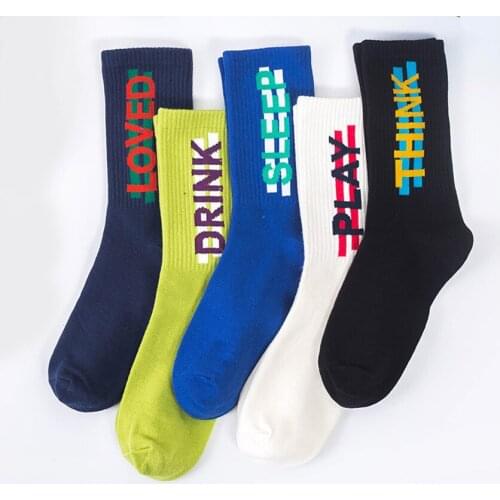 Funny Letter Cotton Socks Women Stripe Pattern 5 Solid Colors Black White Blue Green Crew Sock Happy Casual Type New Design