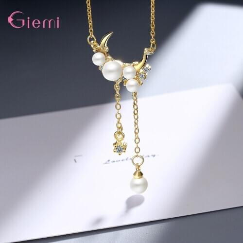Newest Design Genuine 925 Sterling Silver Moon Shape Pendant Necklace With Sparkling Crystal Gorgeous Women Fashion Jewelry