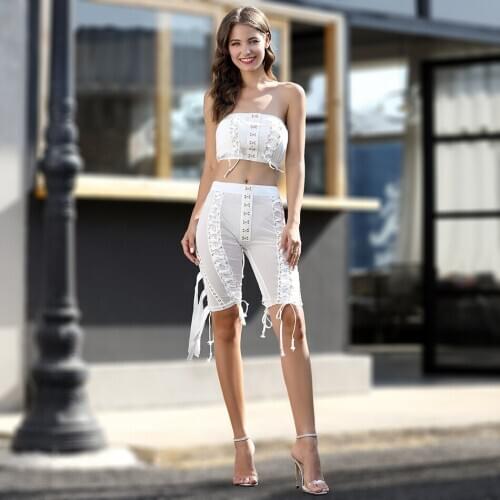 Sexy Lace Up Short Set Back Hook-Eye Fastenings Mesh Top and Tassel Sheer Shorts with Stretchy Waistband