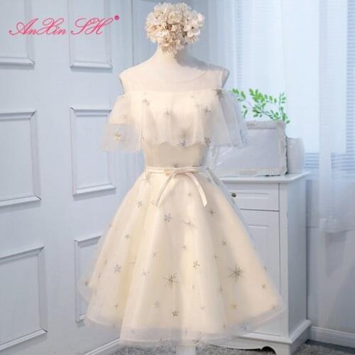 AnXin SH princess champagne lace o neck Bridesmaid Dress fashion illusion bow sparkly star a line lace up Bridesmaid Dress