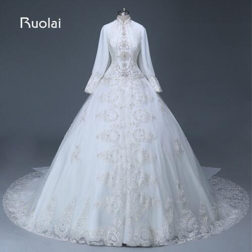 Real Luxury Muslim Ball Gown Wedding Dress High Neck Long Sleeves Satin Top Beaded Tulle with Shawl Robe de Mariage ASAFN31