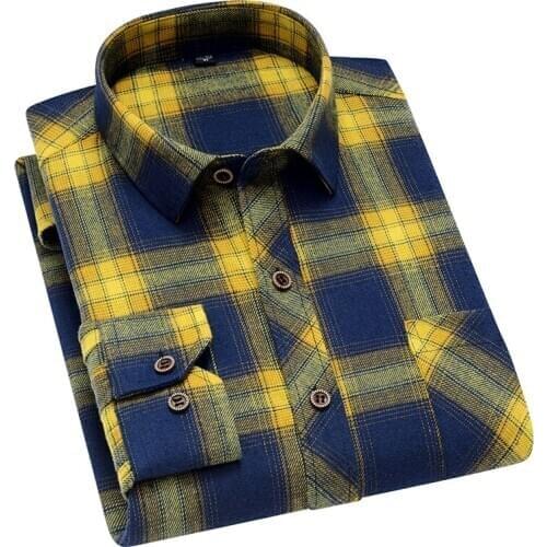 Aoliwen men spring autumn 45% cotton Navy Yellow casual Plaid long sleeve shirt trend soft comfortable and breathable slim shirt