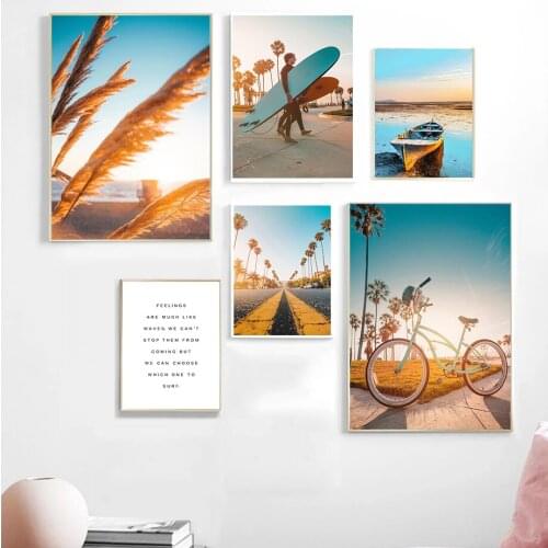 Sunset Surf Boy Nordic Posters Print Bicycle Ferry Road Wall Art Canvas Painting Landscape Wall Pictures For Living Room Picture