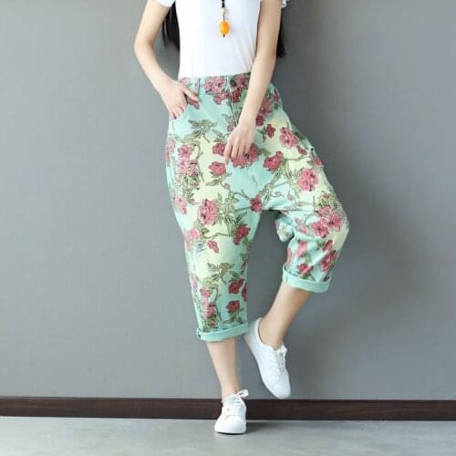 Women Floral Print Cotton Harem Pants Ladies Ankle Length Elastic Waist Flower Printing Hole Harem Trousers 2019