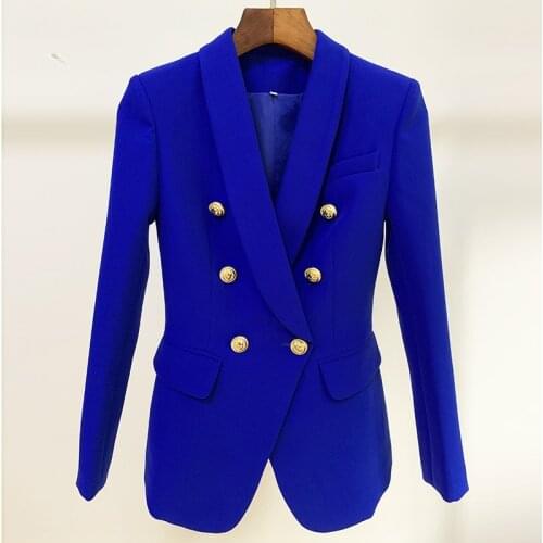 Blue Women Blazers High Quality Ladies Coat Classic Gold Double Breasted Button Shawl Collar Suit Jacket Long Blazers Women