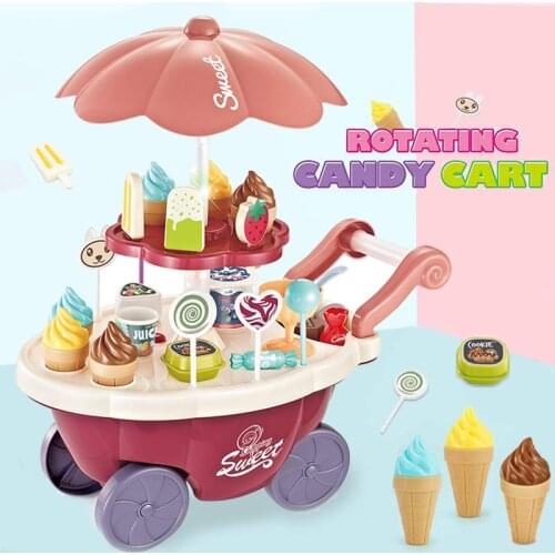 360 Rotation Candy Trolley Pretend Play Food Dessert and Cash Trolley Set Toys with Music and Lighting Toys for Kids Girl