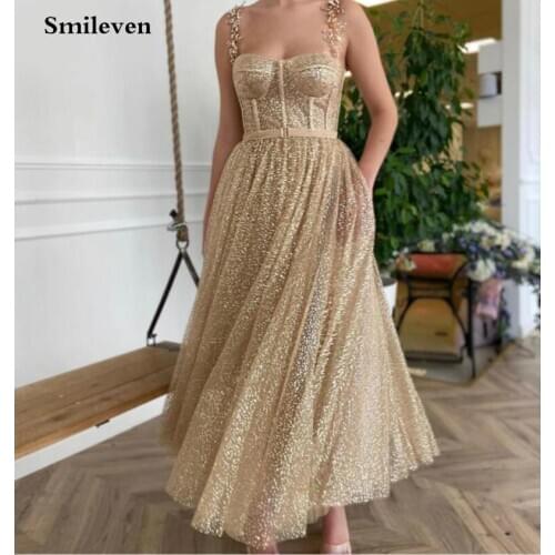 Smileven Gold Glitter Short Prom Dresses Straps A Line Ankle Length Evening Dress Party dresses Custom Made