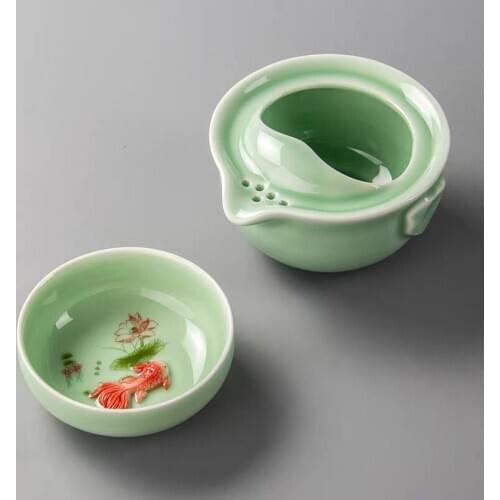 High Quality Gaiwan Celadon 3D Carp Travel Portable Kung Fu Drinkware Tea Set Including 1 Pot + 1 Cup Office Teapot Kettle