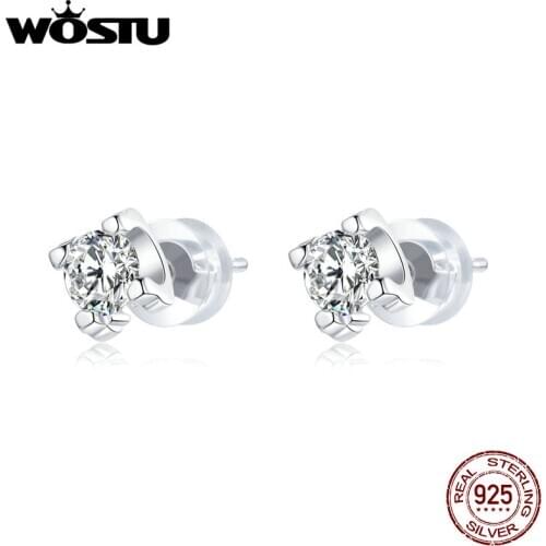 WOSTU Stud Earrings Real 925 Sterling Silver Shining Simple Zircons Lovely Earrings For Women Wedding Jewelry CQE974