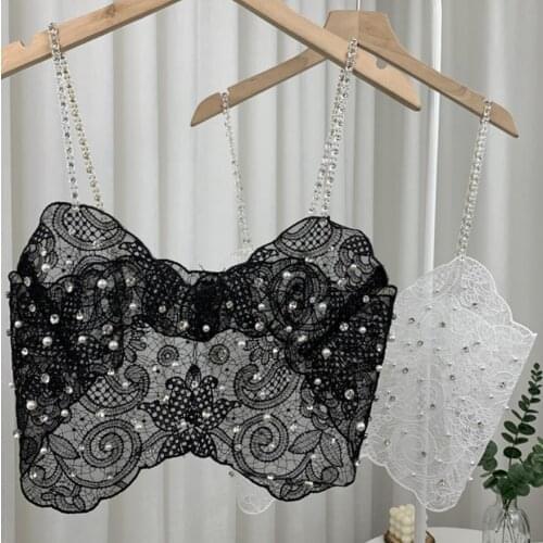 2021 Summer New Beaded Diamond Camisole Embroidery Mesh Outer Wear Camis Womens Sexy Perspective Strap Crop Top Female Tanks