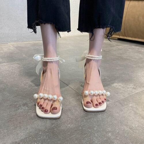 Temperament Square Toe Ladies Sandals Summer New Fashion All-Match Exquisite Pearl Decoration Mid-Heel Sandals