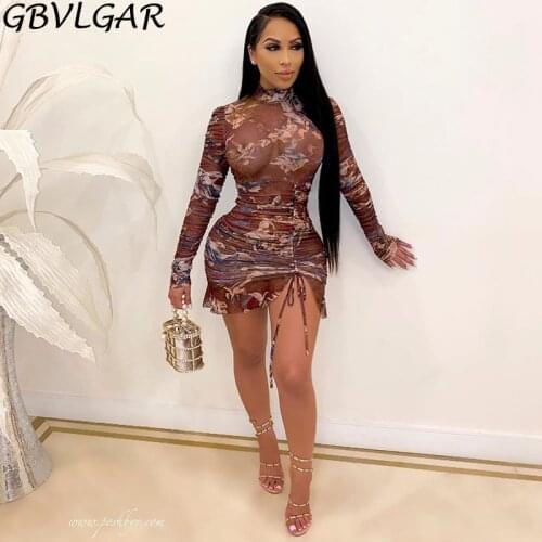Women Ruched Drawstring See Through Bodycon Mini Dress Sheer Mesh Angel Print Party Club Dress Autumn Long Sleeve Robe Femme