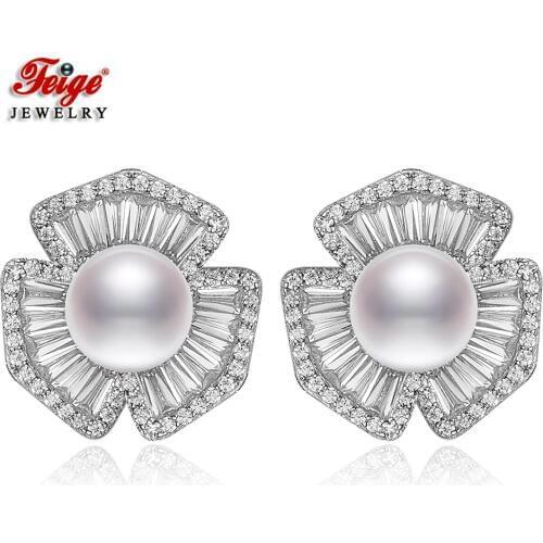 Fashion Luxury Cubic Zirconia 925 Sterling Silver White Freshwater Pearl Stud Earrings for Women Wedding Jewelry Gifts FEIGE