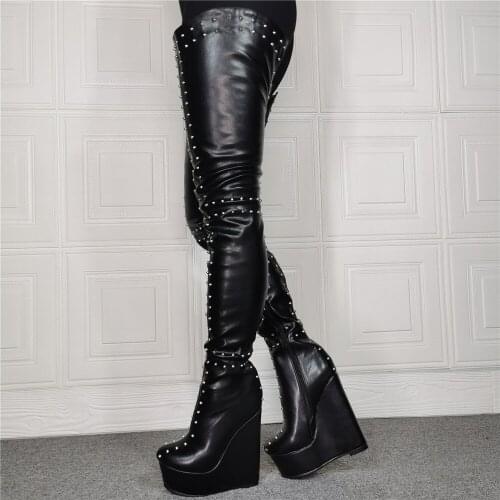 Fashion Sexy Women High Boots Rivet Spring New Round Toe Thin Heels With Platforms Boot Female Lady Over The Knee Long Boots