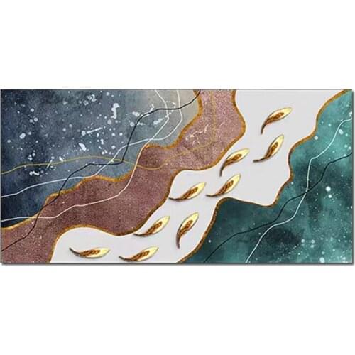 Gold Foil Abstract Oil Painting Handmade Gold Fish Canvas Art Modern Living Room Wall Decoration Art Pieces Unframed Artwork