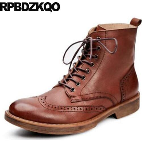 Men Wingtip Retro Combat Boots Army Shoes Brogue Designer Ankle Military Chunky Vintage Real Leather Brown Full Grain Genuine