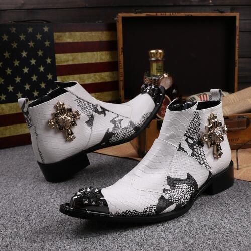 Size 38-46 Mens New Fashion Stage White Rivet Punk Boots Tooling Boots Leather shoes Singer Costumes Clothing Shoes