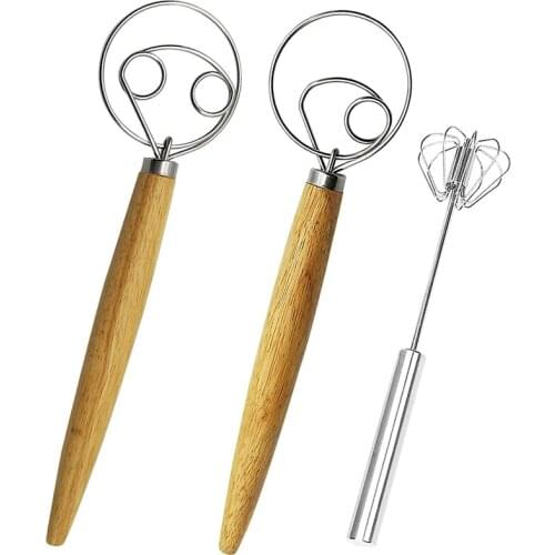 Danish Dough Whisk Bread Mixer&Egg Whisk Kits,Dutch Whisk Hand Push Rotary Whisk Blender Pastry or Pizza Dough Whisk