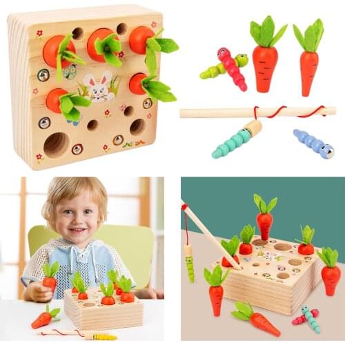 Baby Wooden Montessori Educational Toys 2 in 1 Carrot Harvest, Magnetic Caterpillar Worm Catching Game