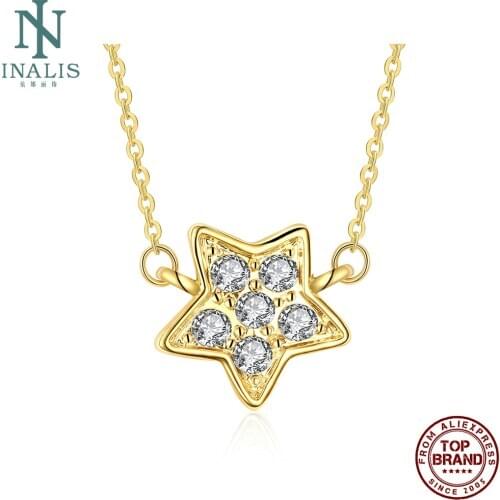 INALIS Golden Five Pointed Star Pendant Necklaces With Six Rhinestone Tin Alloy Women Necklace Birthday Festival Jewelry Gift