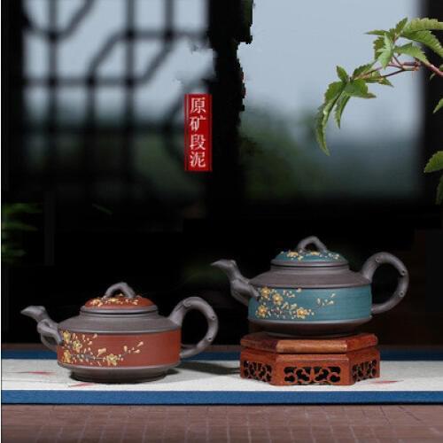 Yixing Original Mine Authentic Purple Sand Teapot Famous Painted Applique Black Mud Plum Purple Pot Kung Fu Black Tea Teaware