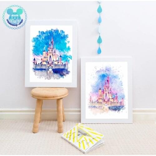 Disney Cartoon Watercolor Castle Art Princess Nursery Wall Art Print Castle Canvas Painting Kids Room Decor Birthday Party Art
