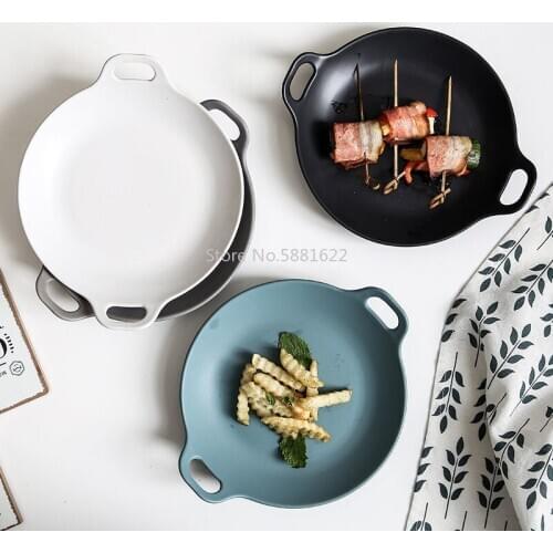 Ceramic Dinner Plates Beef Plate Tableware Round Glaze Down Coloured Dessert Plate Cake Creative Double Ear Plate Ceramic Plate