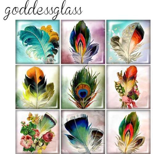 Beauty Vintage Feathers 10pcs 12mm/20mm/25mm/30mm Square photo glass cabochon demo flat back Making findings FB0017