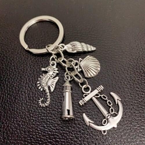 1pes creative pendant fish hook fishing keychain alloy compass and anchor lighthouse lighthouse charm summer jewelry gift
