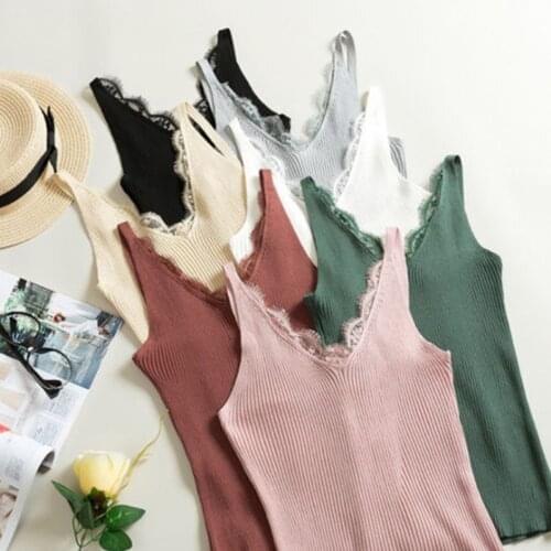 Autumn Camis Tank Tops women Top Summer Vest Hook Flower Lace Solid V-neck Female Short Slim Outer Wear Shirt