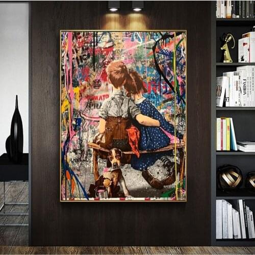 Boy and Girl Love Graffiti Art Paintings on the Wall Art Canvas Posters and Prints Street Art Picture For Living Room Wall Decor
