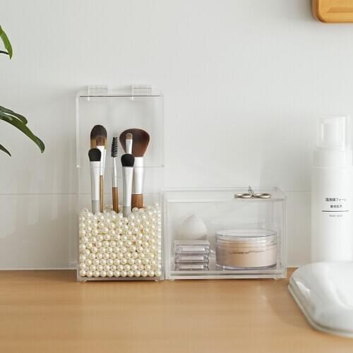 China wholesale makeup brush storage box with lid acrylic girls women dust proof organizer container pearls inside