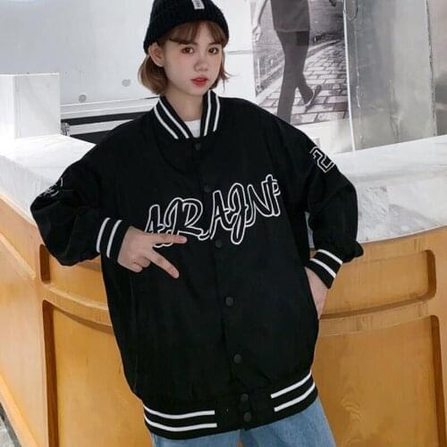 Autumn Fashion Black Baseball Jacket Women Print Letter Casual Lady Coats Number Student Outwear Korean Street Wear tops 2021