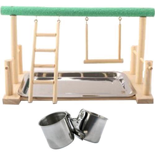 Parrot Bird Perch Table Top Stand 2 Steel Cups Play for Medium& Large Breeds Home Yard Garden Hanging Decor