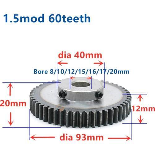 Spur Gear pinion 1.5M 60T 60Teeth Mod 1.5 Width 12mm Bore 8mm 10mm 12mm Right Teeth 45 steel CNC gear rack transmission industry