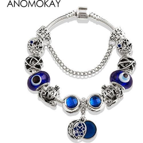 Dark Blue Shining Star Moon Series Beads Bracelet Royal Blue Murano Crystal Charm Bracelet & Bangle Classic Diy Jewelry for Men