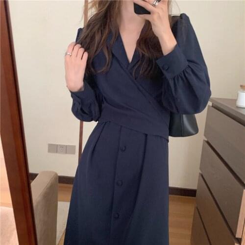 VIMIMI 2021 Summer New Korean Style Elegant Commuter Design Suit Collar Waist Tie Shirt Long Sleeve Dress